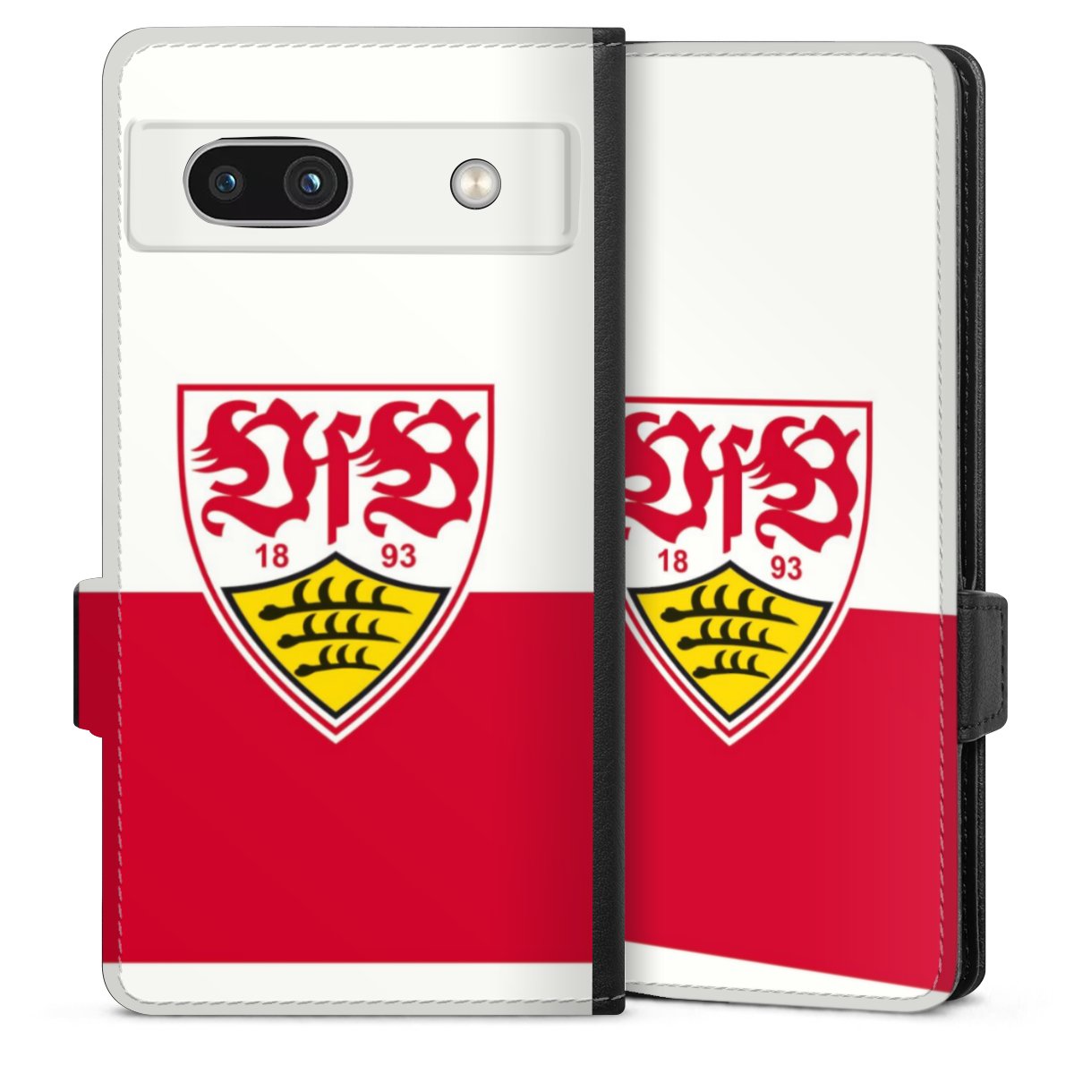 Google Pixel 7a Handy Klapphülle Handyhülle aus Kunst Leder schwarz Flip Case Official Licensed Product Logo Vfb Stuttgart Sideflip mit Lasche