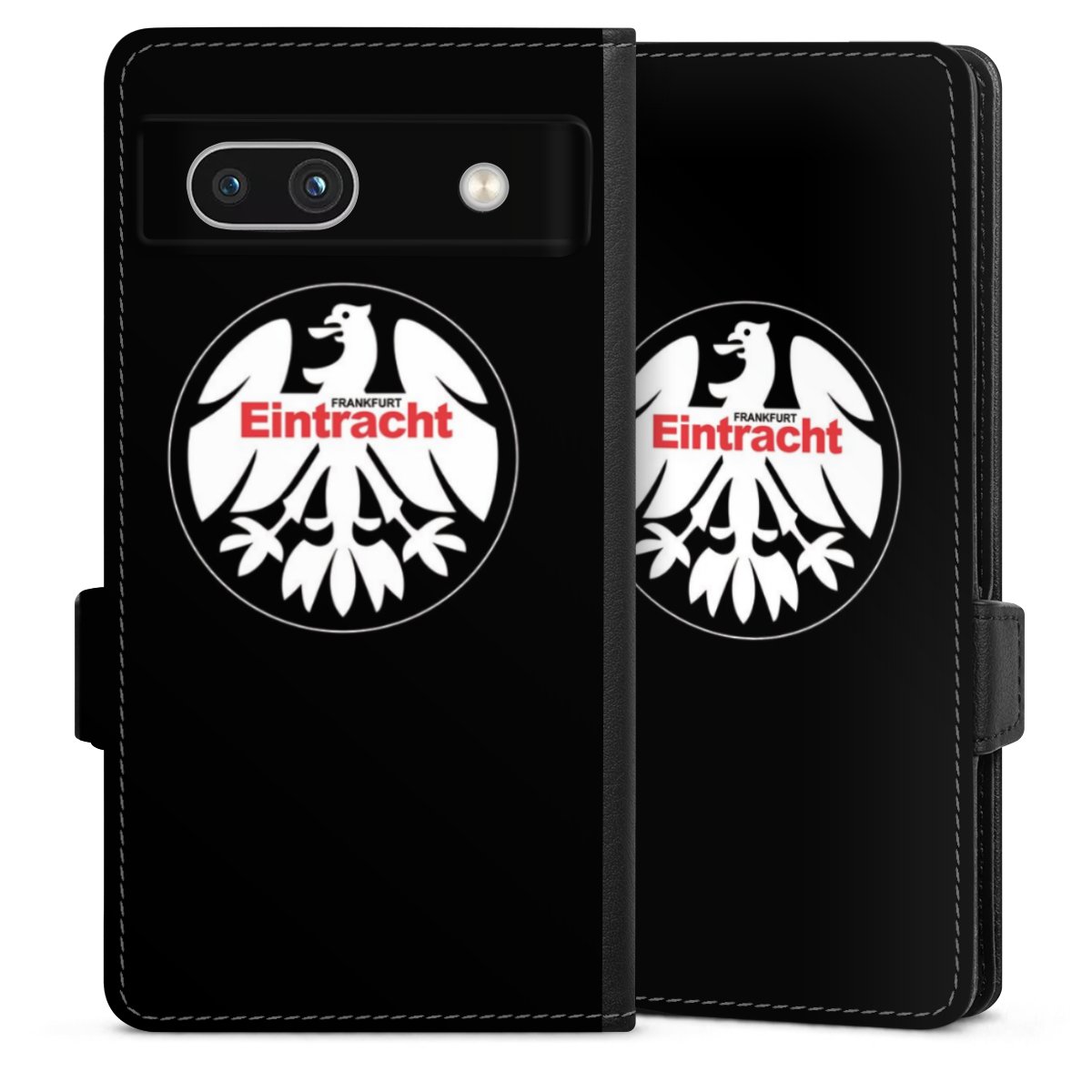 Google Pixel 7a Handy Klapphülle Handyhülle aus Kunst Leder schwarz Flip Case Official Licensed Product Eintracht Frankfurt Sge Sideflip mit Lasche