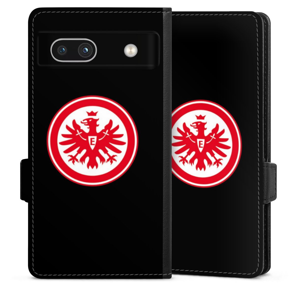 Google Pixel 7a Handy Klapphülle Handyhülle aus Kunst Leder schwarz Flip Case Eintracht Frankfurt Sge Eagle Sideflip mit Lasche