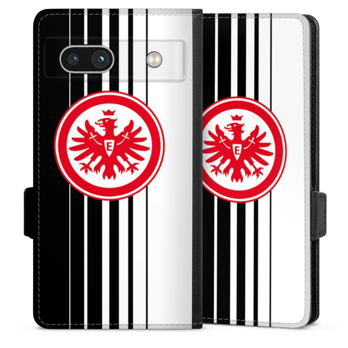 Google Pixel 7a Handy Klapphülle Handyhülle aus Kunst Leder schwarz Flip Case Stripes Eintracht Frankfurt Official Licensed Product Sideflip mit Lasche