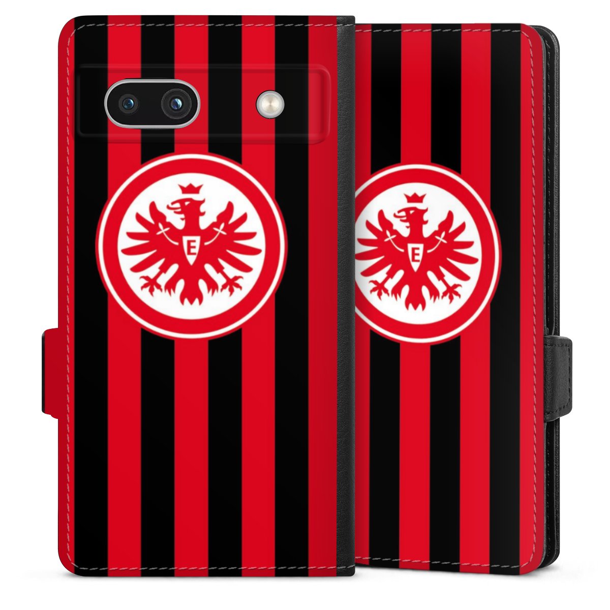 Google Pixel 7a Handy Klapphülle Handyhülle aus Kunst Leder schwarz Flip Case Stripes Sge Eintracht Frankfurt Sideflip mit Lasche