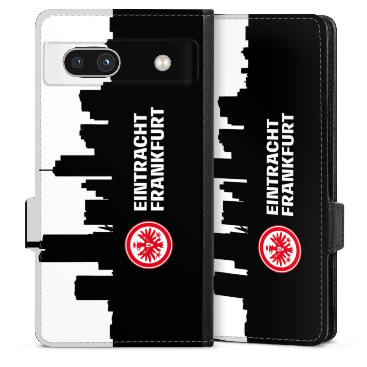 Google Pixel 7a Handy Klapphülle Handyhülle aus Kunst Leder schwarz Flip Case Sge Eintracht Frankfurt Official Licensed Product Sideflip mit Lasche