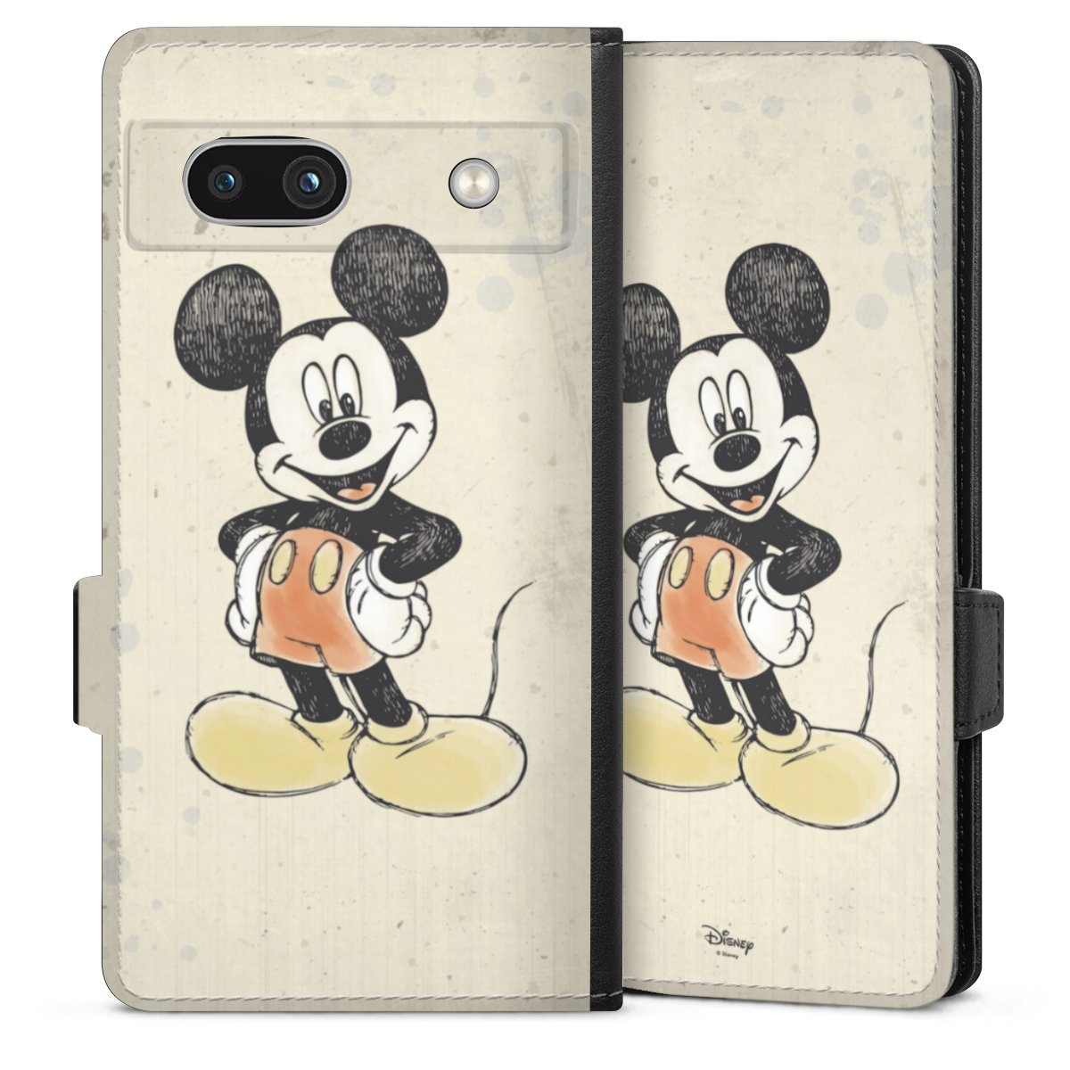 Google Pixel 7a Handy Klapphülle Handyhülle aus Kunst Leder schwarz Flip Case Water Colour Mickey & Minnie Mouse Official Licensed Product Sideflip mit Lasche