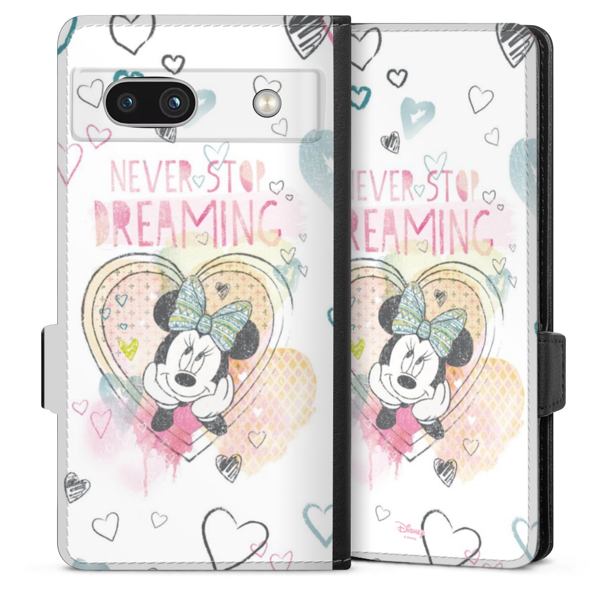 Google Pixel 7a Handy Klapphülle Handyhülle aus Kunst Leder schwarz Flip Case Disney Official Licensed Product Minnie Mouse Sideflip mit Lasche