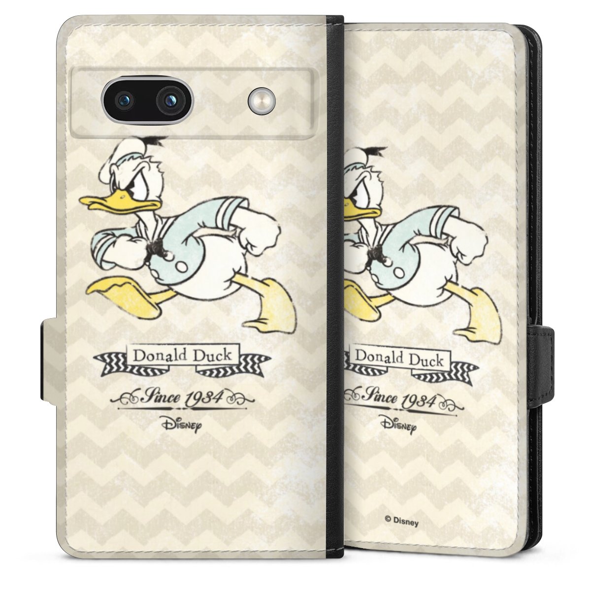 Google Pixel 7a Handy Klapphülle Handyhülle aus Kunst Leder schwarz Flip Case Official Licensed Product Disney Donuld Duck Vintage Sideflip mit Lasche