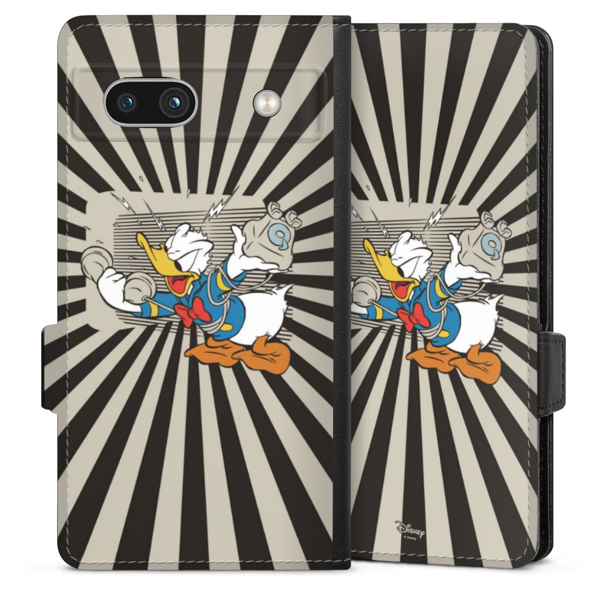 Google Pixel 7a Handy Klapphülle Handyhülle aus Kunst Leder schwarz Flip Case Donald Duck Disney Official Licensed Product Sideflip mit Lasche