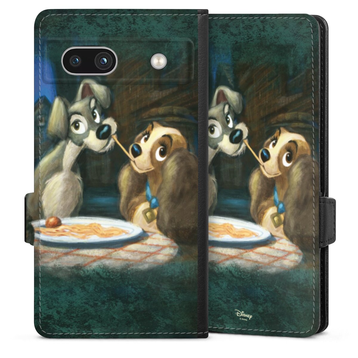 Google Pixel 7a Handy Klapphülle Handyhülle aus Kunst Leder schwarz Flip Case Lady And The Tramp Official Licensed Product Disney Sideflip mit Lasche