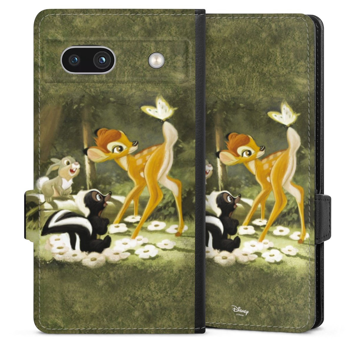 Google Pixel 7a Handy Klapphülle Handyhülle aus Kunst Leder schwarz Flip Case Disney Official Licensed Product Bambi Sideflip mit Lasche