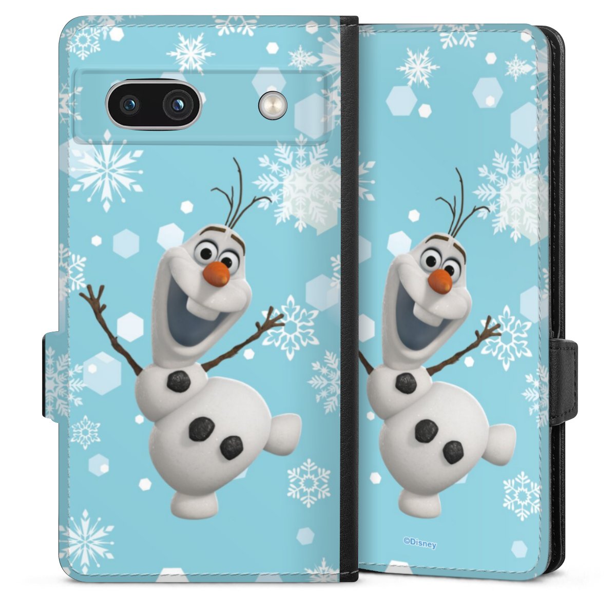 Google Pixel 7a Handy Klapphülle Handyhülle aus Kunst Leder schwarz Flip Case Disney Official Licensed Product Frozen Olaf Sideflip mit Lasche