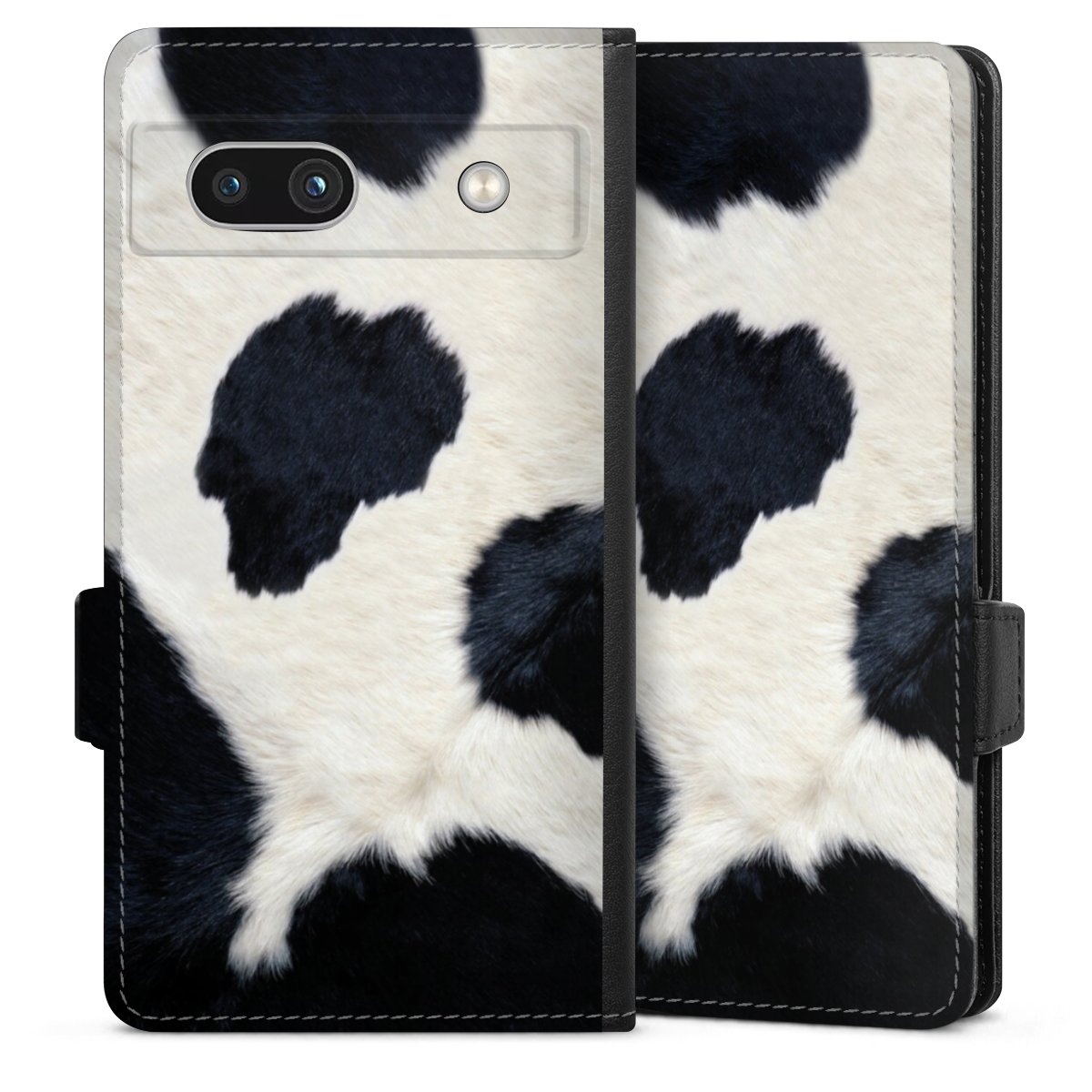 Google Pixel 7a Handy Klapphülle Handyhülle aus Kunst Leder schwarz Flip Case Animal Look Animal Print Cow Skin Sideflip mit Lasche