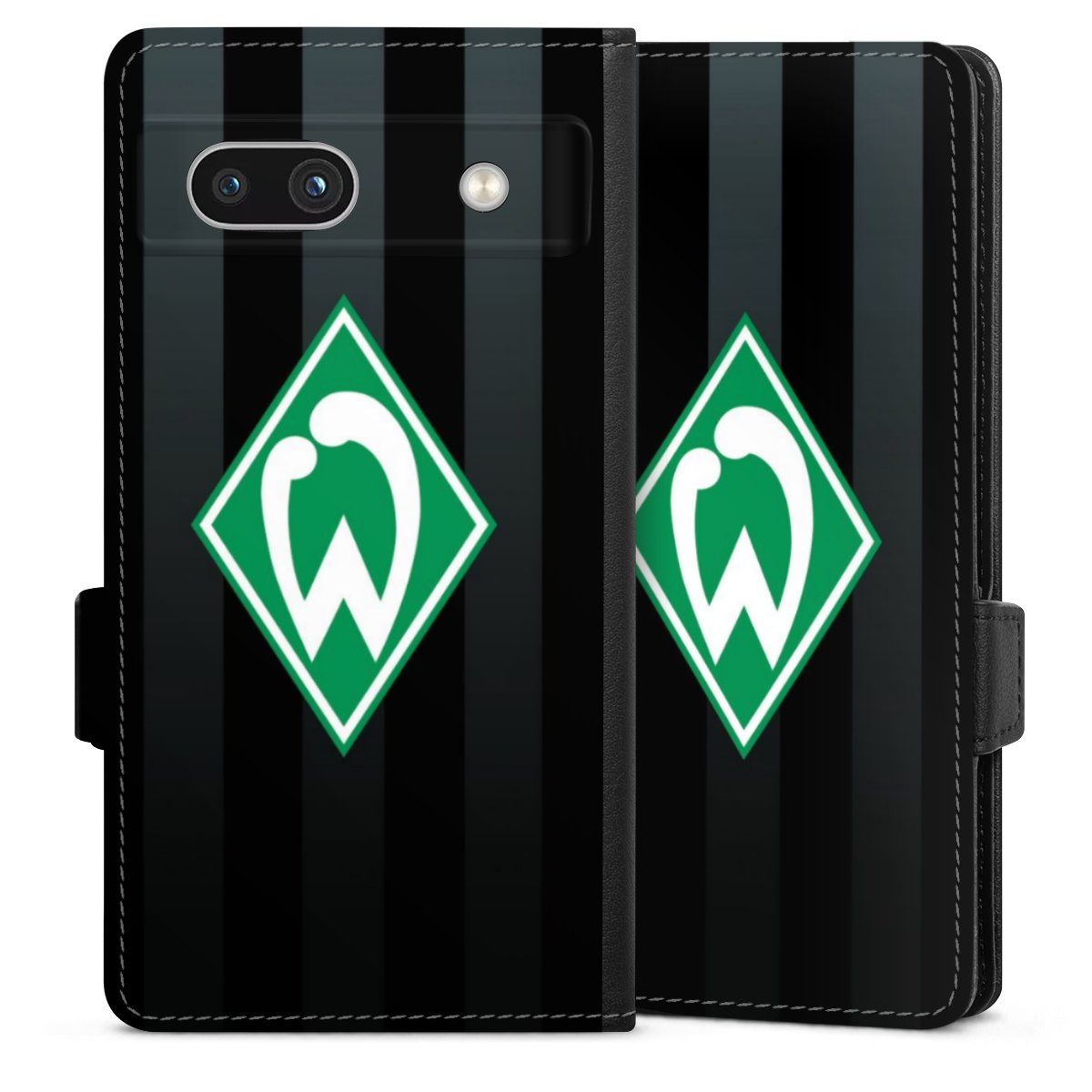 Google Pixel 7a Handy Klapphülle Handyhülle aus Kunst Leder schwarz Flip Case Stripes Sv Werder Bremen Official Licensed Product Sideflip mit Lasche