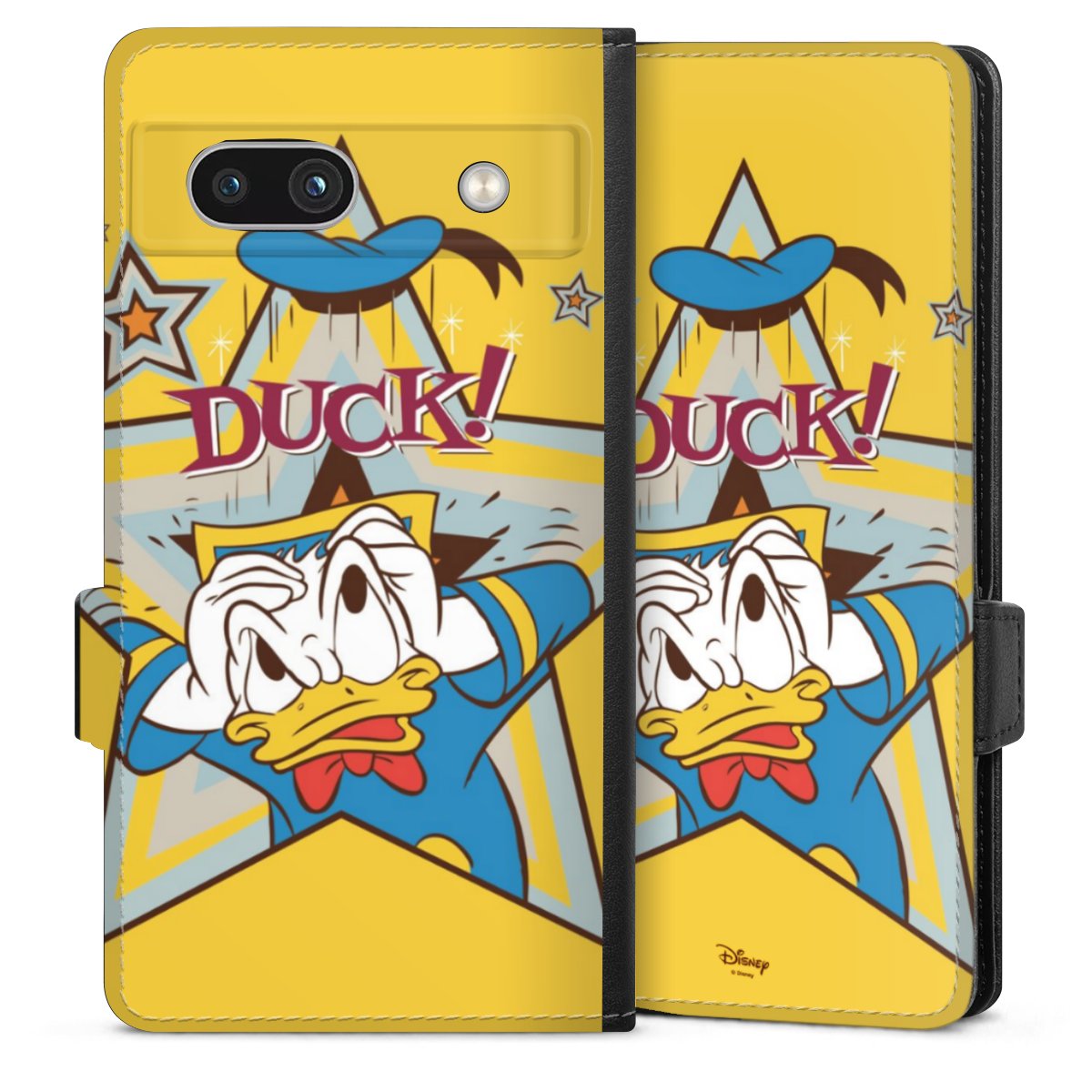 Google Pixel 7a Handy Klapphülle Handyhülle aus Kunst Leder schwarz Flip Case Official Licensed Product Donald Duck Disney Sideflip mit Lasche