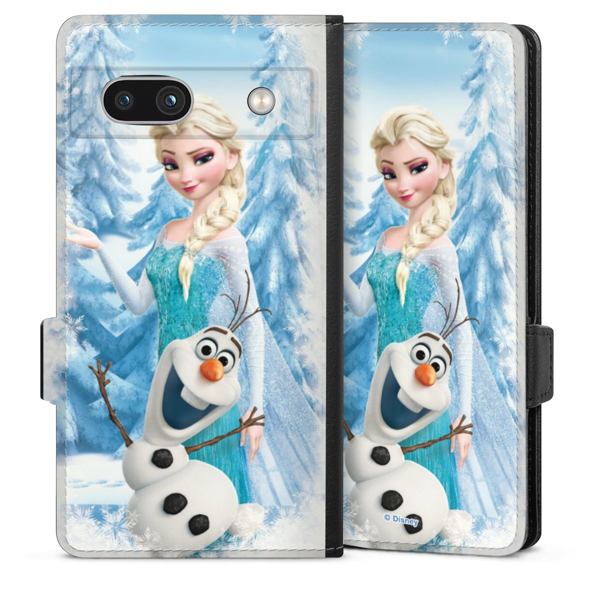 Google Pixel 7a Handy Klapphülle Handyhülle aus Kunst Leder schwarz Flip Case Official Licensed Product Frozen Elsa Disney Sideflip mit Lasche