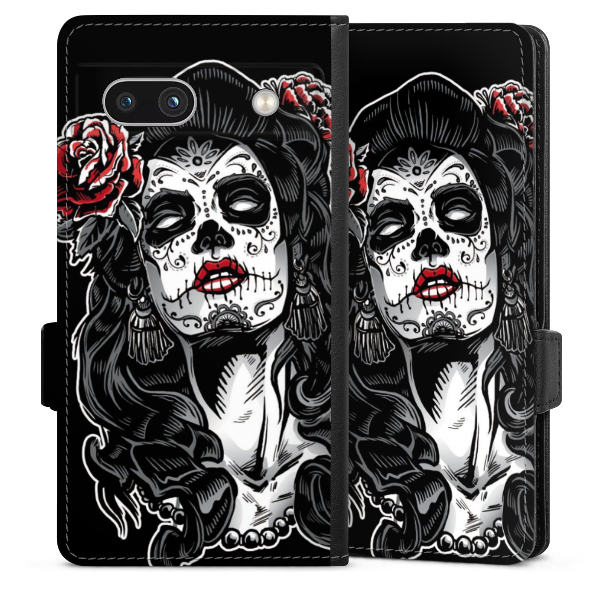 Google Pixel 7a Handy Klapphülle Handyhülle aus Kunst Leder schwarz Flip Case Totenkopf Día De Los Muertos Rock 'N' Roll Sideflip mit Lasche