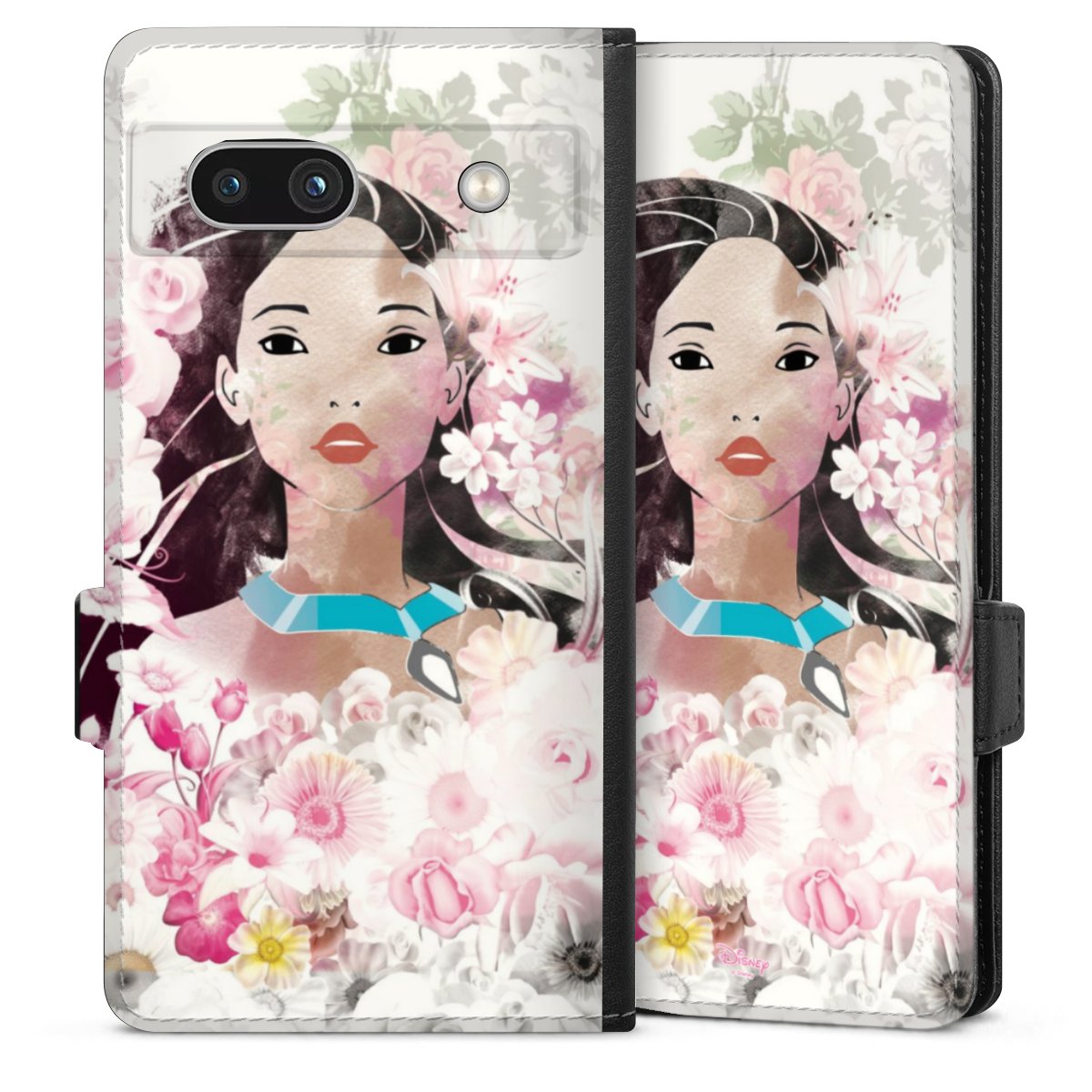 Google Pixel 7a Handy Klapphülle Handyhülle aus Kunst Leder schwarz Flip Case Pocahontas Official Licensed Product Disney Sideflip mit Lasche