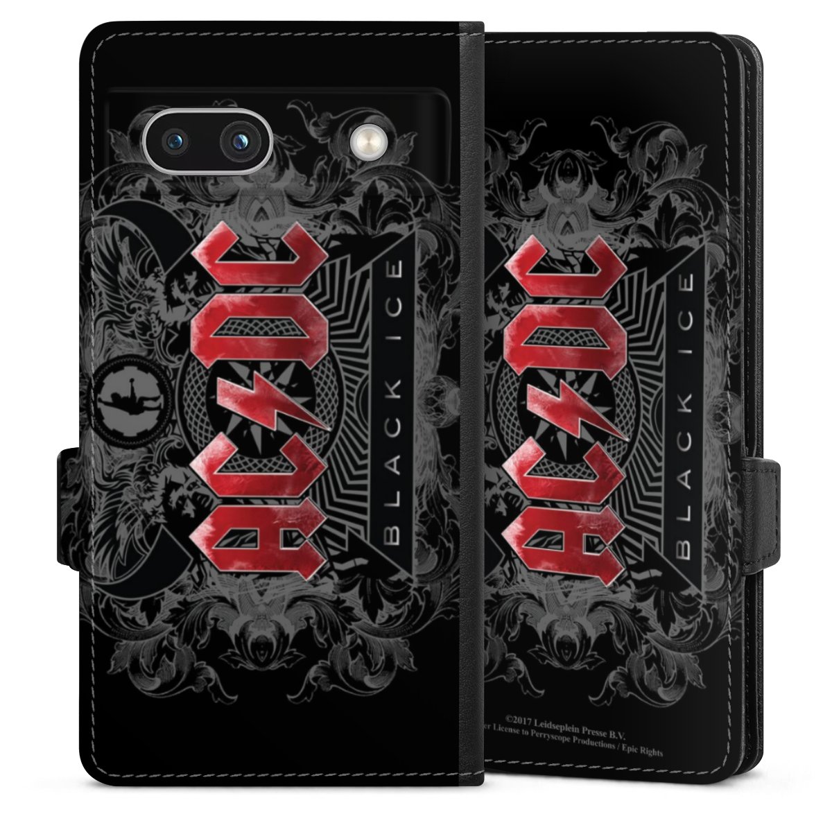 Google Pixel 7a Handy Klapphülle Handyhülle aus Kunst Leder schwarz Flip Case Merchandise Black Ice Acdc Sideflip mit Lasche