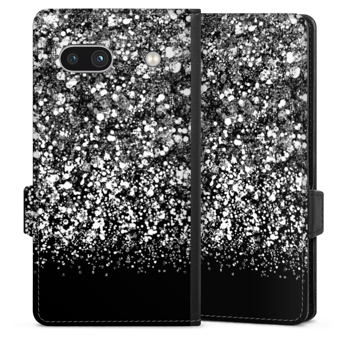 Google Pixel 7a Handy Klapphülle Handyhülle aus Kunst Leder schwarz Flip Case Glitzer Snowflake Muster Sideflip mit Lasche