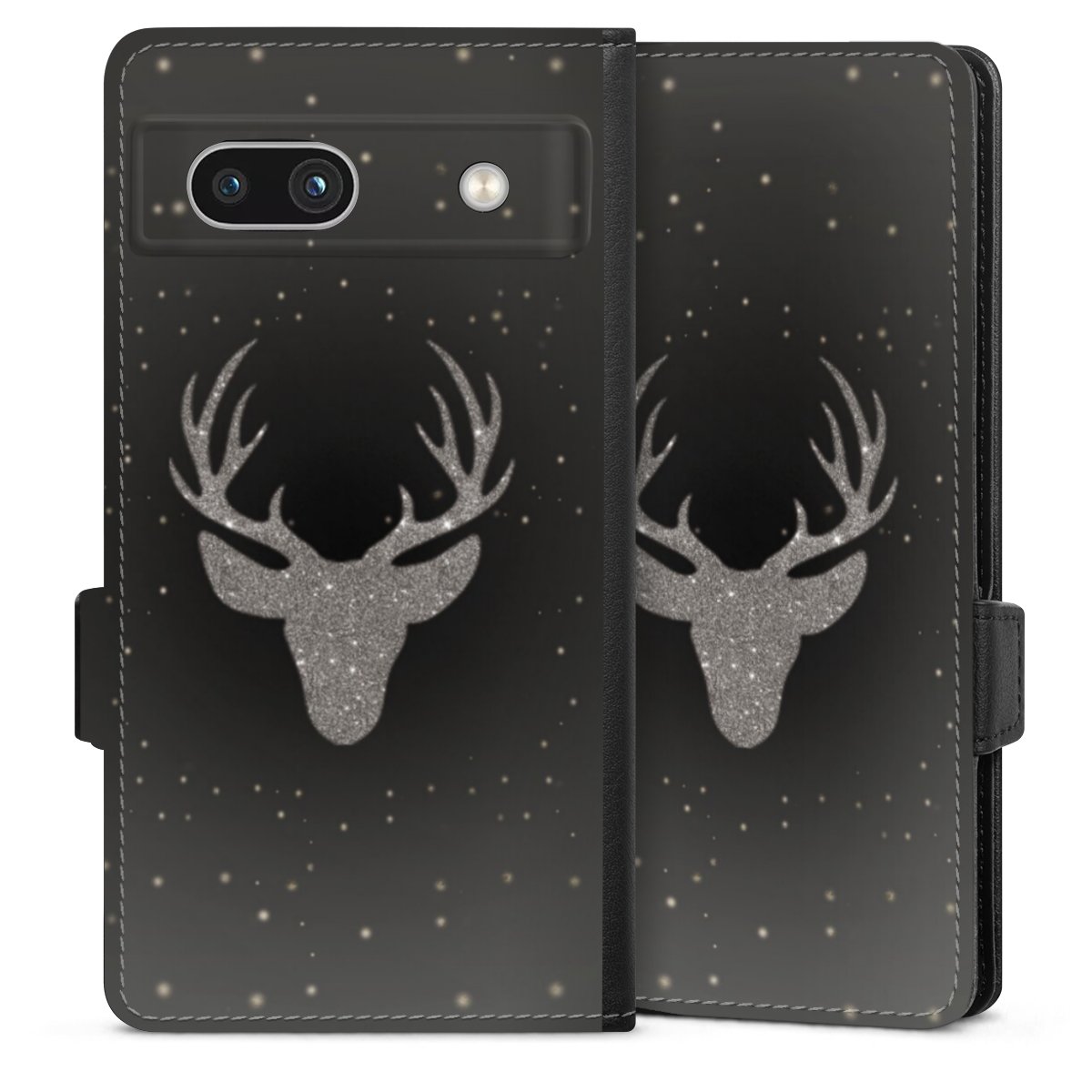 Google Pixel 7a Handy Klapphülle Handyhülle aus Kunst Leder schwarz Flip Case Winter Deer Glitzer Sideflip mit Lasche