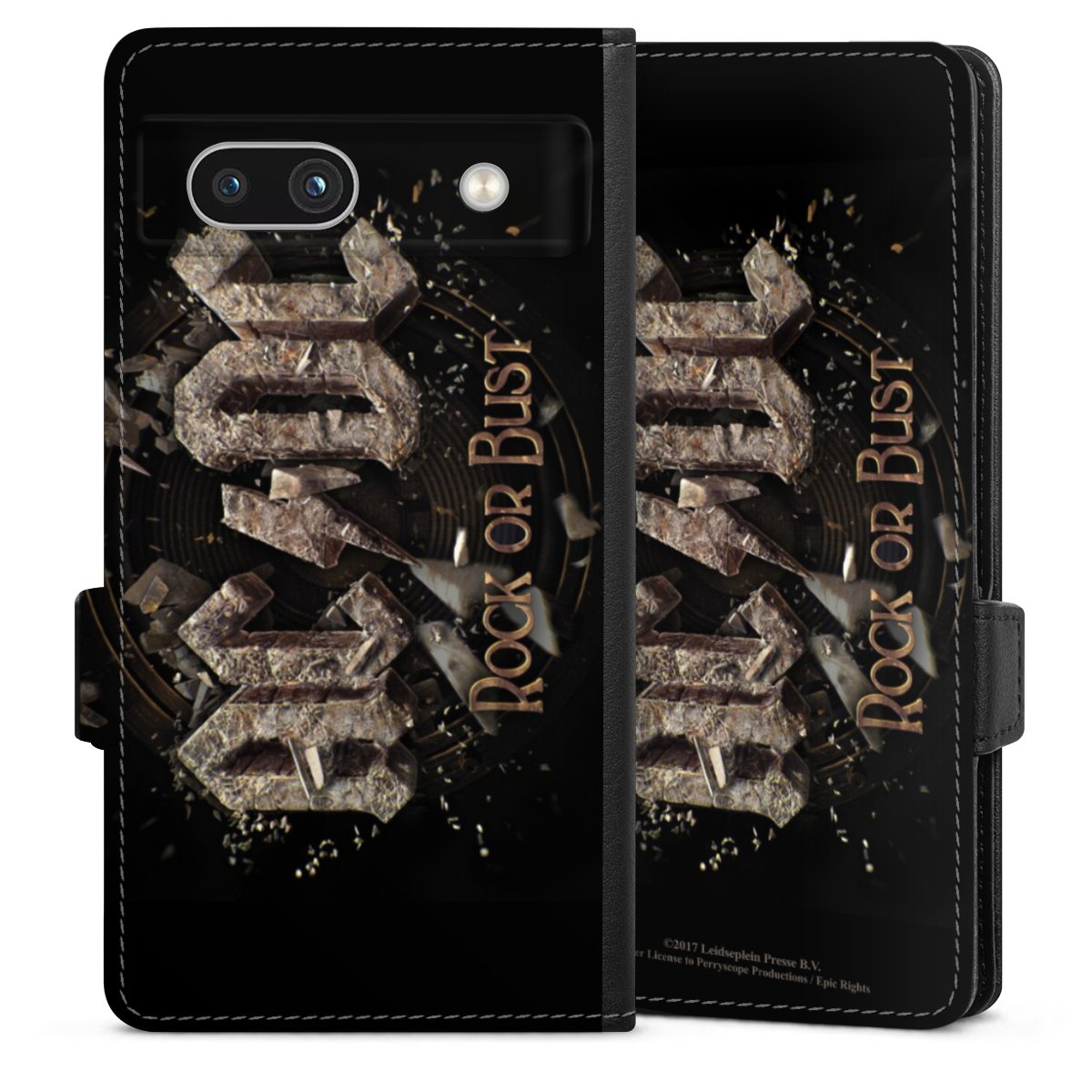 Google Pixel 7a Handy Klapphülle Handyhülle aus Kunst Leder schwarz Flip Case Acdc Official Licensed Product Rock Or Bust Sideflip mit Lasche