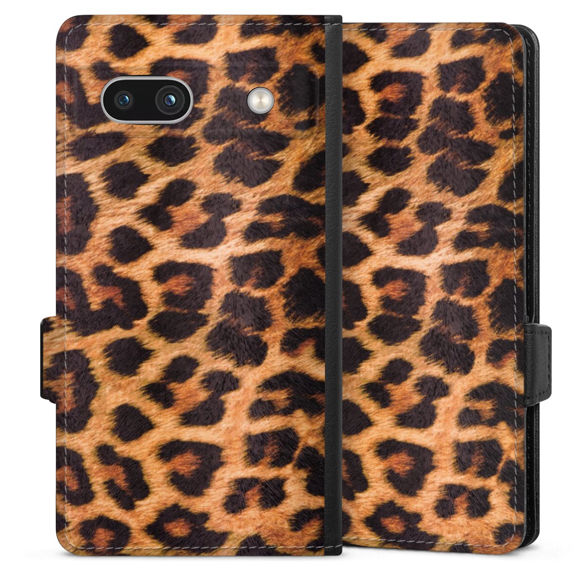 Google Pixel 7a Handy Klapphülle Handyhülle aus Kunst Leder schwarz Flip Case Animal Print Leopard Fur Sideflip mit Lasche