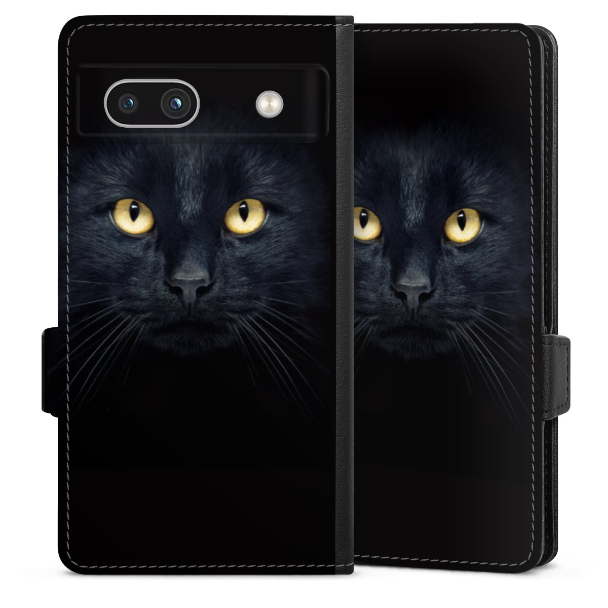 Google Pixel 7a Handy Klapphülle Handyhülle aus Kunst Leder schwarz Flip Case Eye Cat Black Sideflip mit Lasche