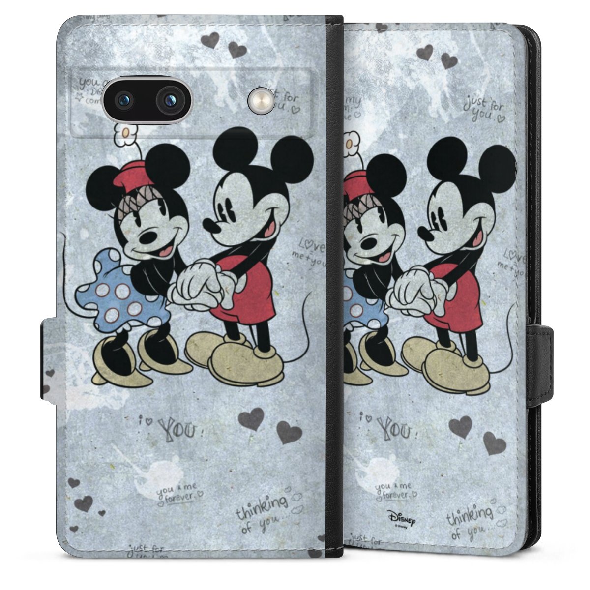 Google Pixel 7a Handy Klapphülle Handyhülle aus Kunst Leder schwarz Flip Case Mickey & Minnie Mouse Vintage Disney Sideflip mit Lasche