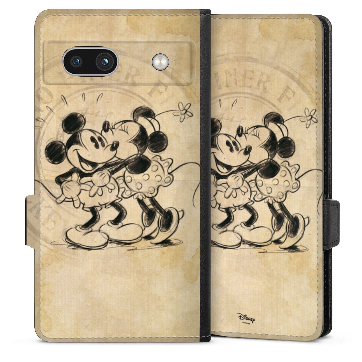 Google Pixel 7a Handy Klapphülle Handyhülle aus Kunst Leder schwarz Flip Case Mickey Mouse Vintage Minnie Mouse Sideflip mit Lasche