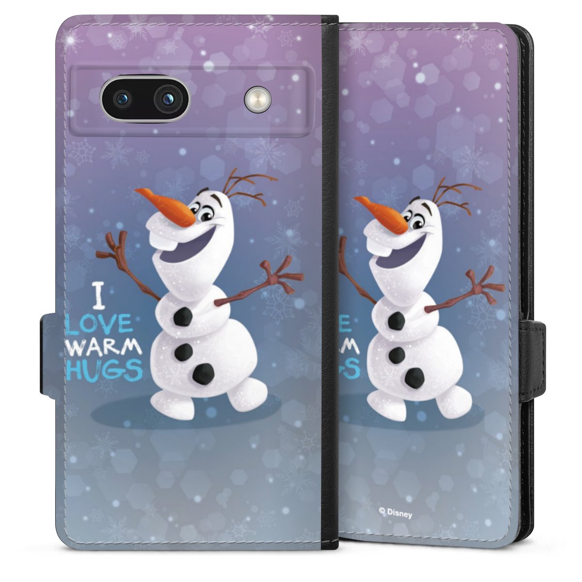 Google Pixel 7a Handy Klapphülle Handyhülle aus Kunst Leder schwarz Flip Case Frozen Frozen Olaf Official Licensed Product Sideflip mit Lasche