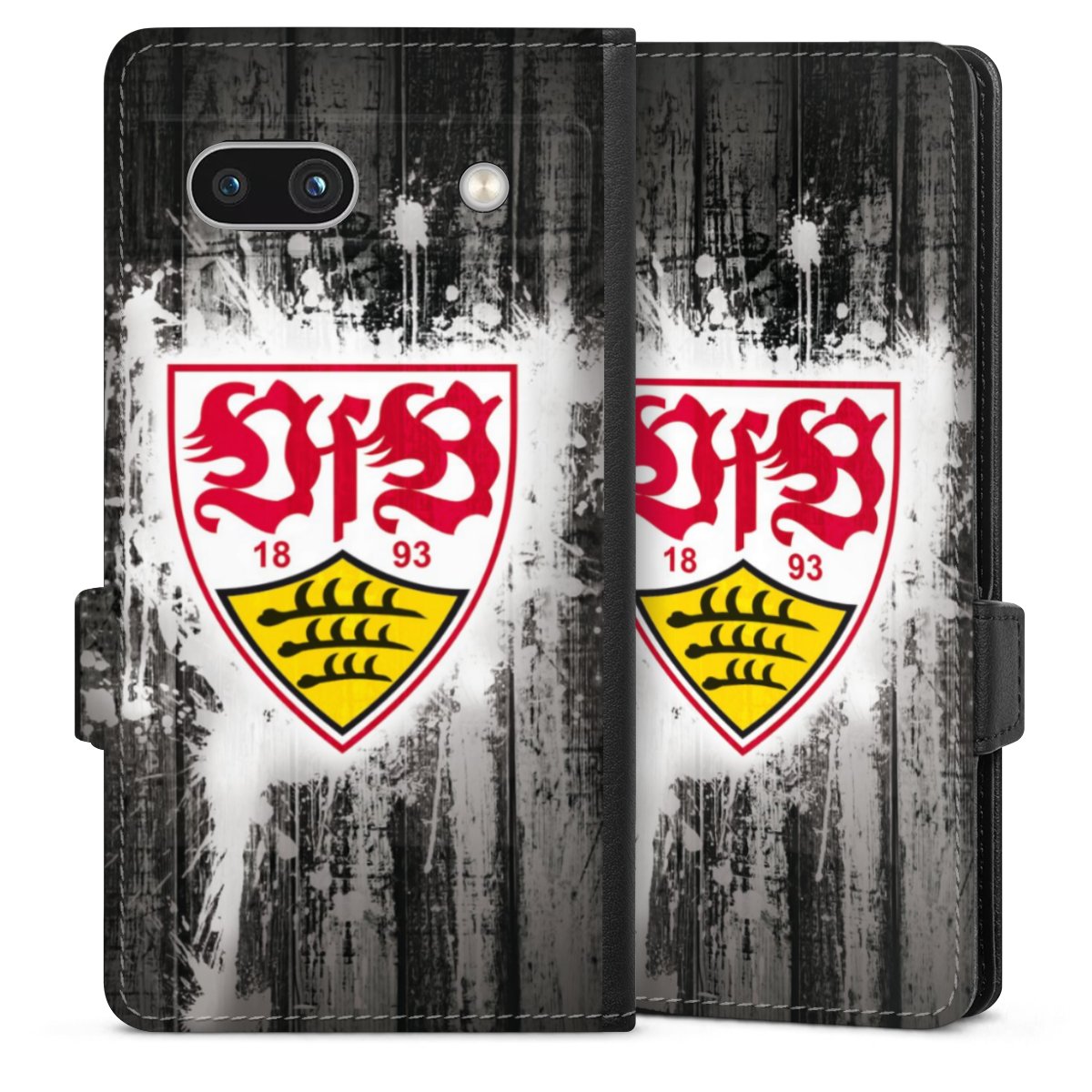 Google Pixel 7a Handy Klapphülle Handyhülle aus Kunst Leder schwarz Flip Case Vfb Stuttgart Official Licensed Product Sideflip mit Lasche