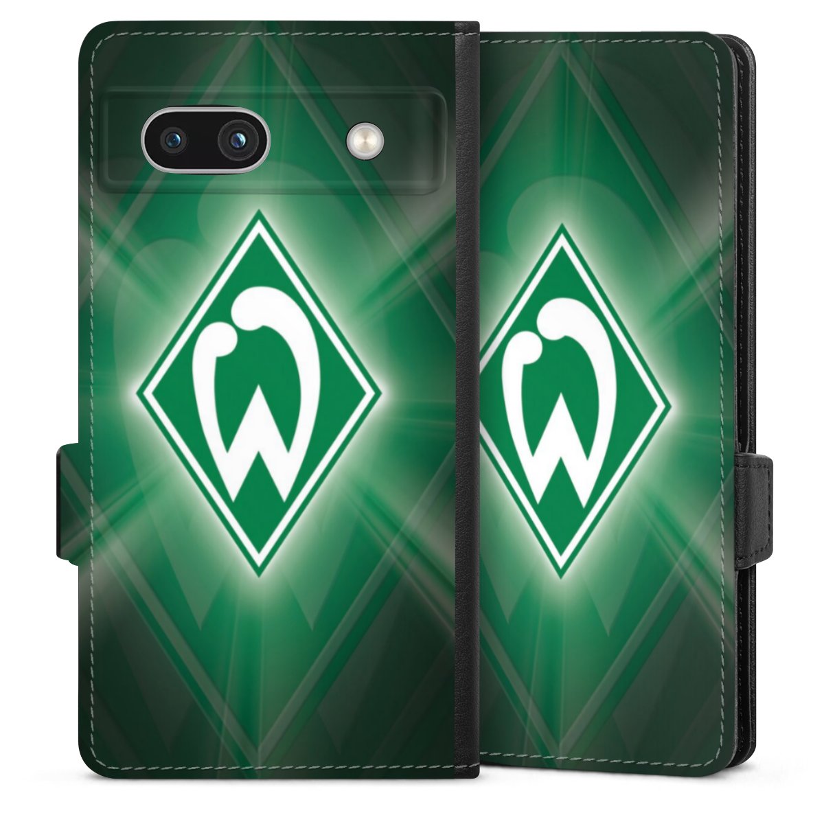 Google Pixel 7a Handy Klapphülle Handyhülle aus Kunst Leder schwarz Flip Case Sv Werder Bremen Official Licensed Product Coat Of Arms Sideflip mit Lasche