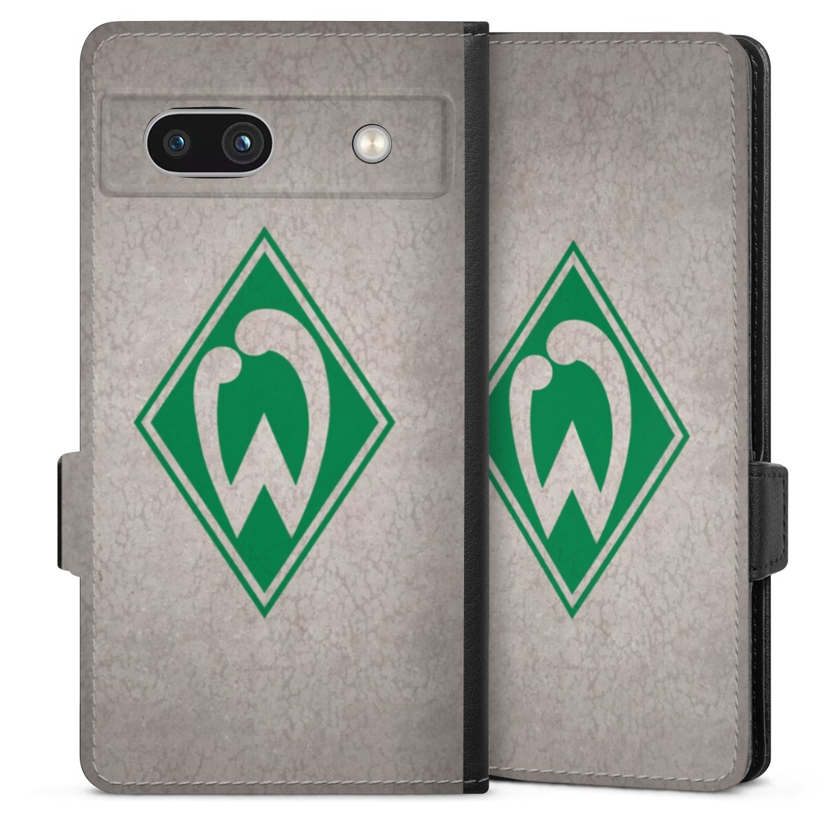 Google Pixel 7a Handy Klapphülle Handyhülle aus Kunst Leder schwarz Flip Case Sv Werder Bremen Concrete Official Licensed Product Sideflip mit Lasche