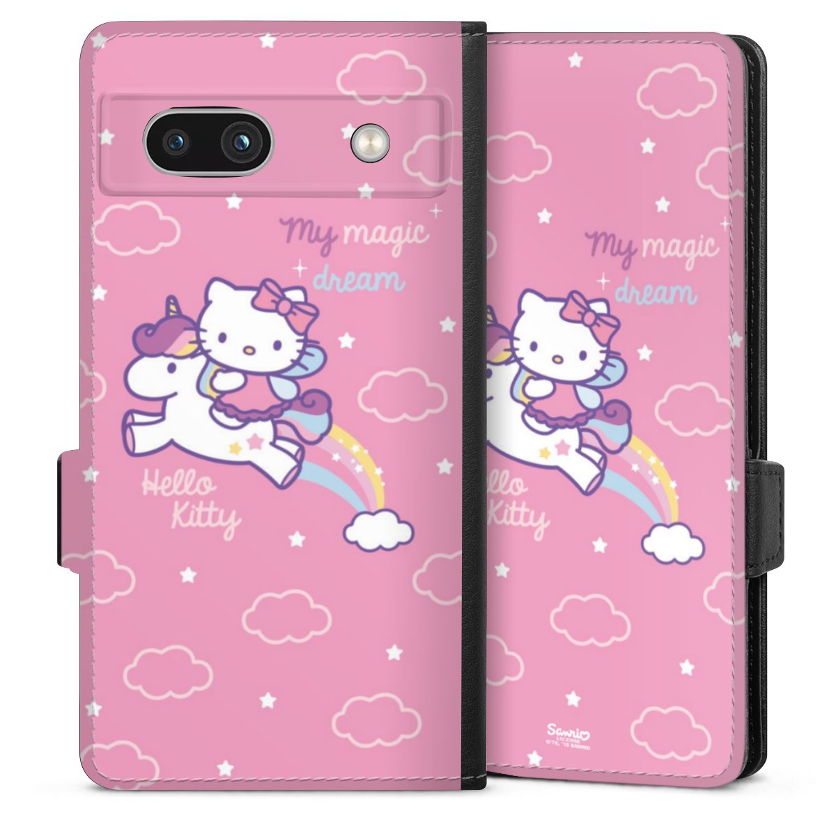 Google Pixel 7a Handy Klapphülle Handyhülle aus Kunst Leder schwarz Flip Case Einhorn Official Licensed Product Hello Kitty Sideflip mit Lasche