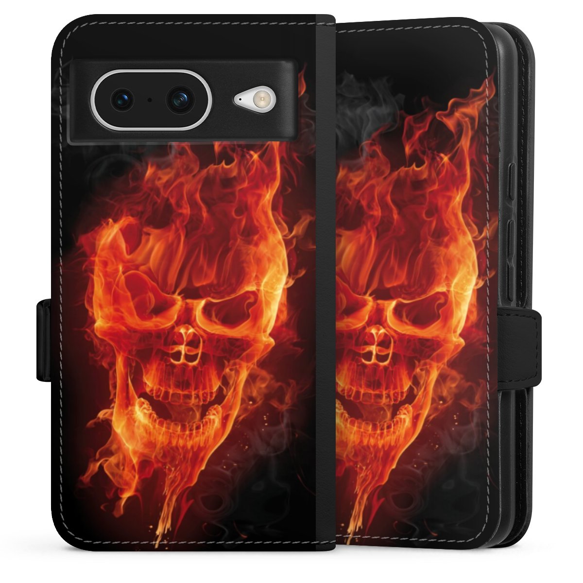 Google Pixel 8 Handy Klapphülle Handyhülle aus Kunst Leder schwarz Flip Case Totenkopf Skull Fire Sideflip mit Lasche