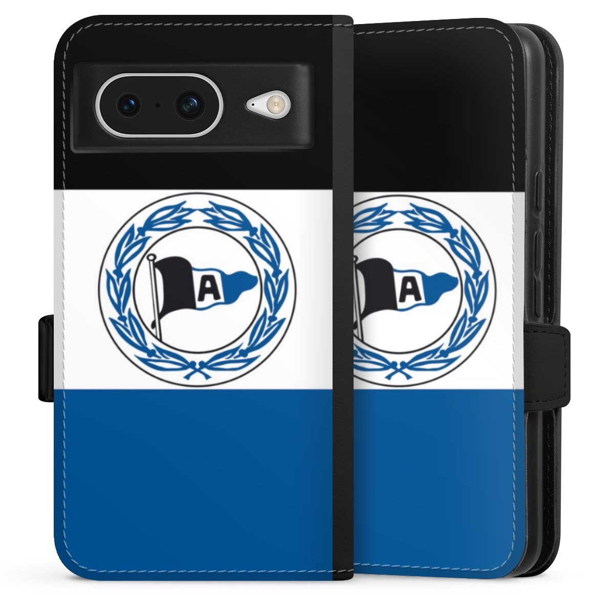 Google Pixel 8 Handy Klapphülle Handyhülle aus Kunst Leder schwarz Flip Case Arminen Official Licensed Product Arminia Bielefeld Sideflip mit Lasche