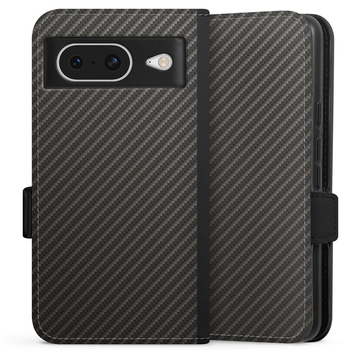 Google Pixel 8 Handy Klapphülle Handyhülle aus Kunst Leder schwarz Flip Case Metallic Look Carbon Muster Sideflip mit Lasche