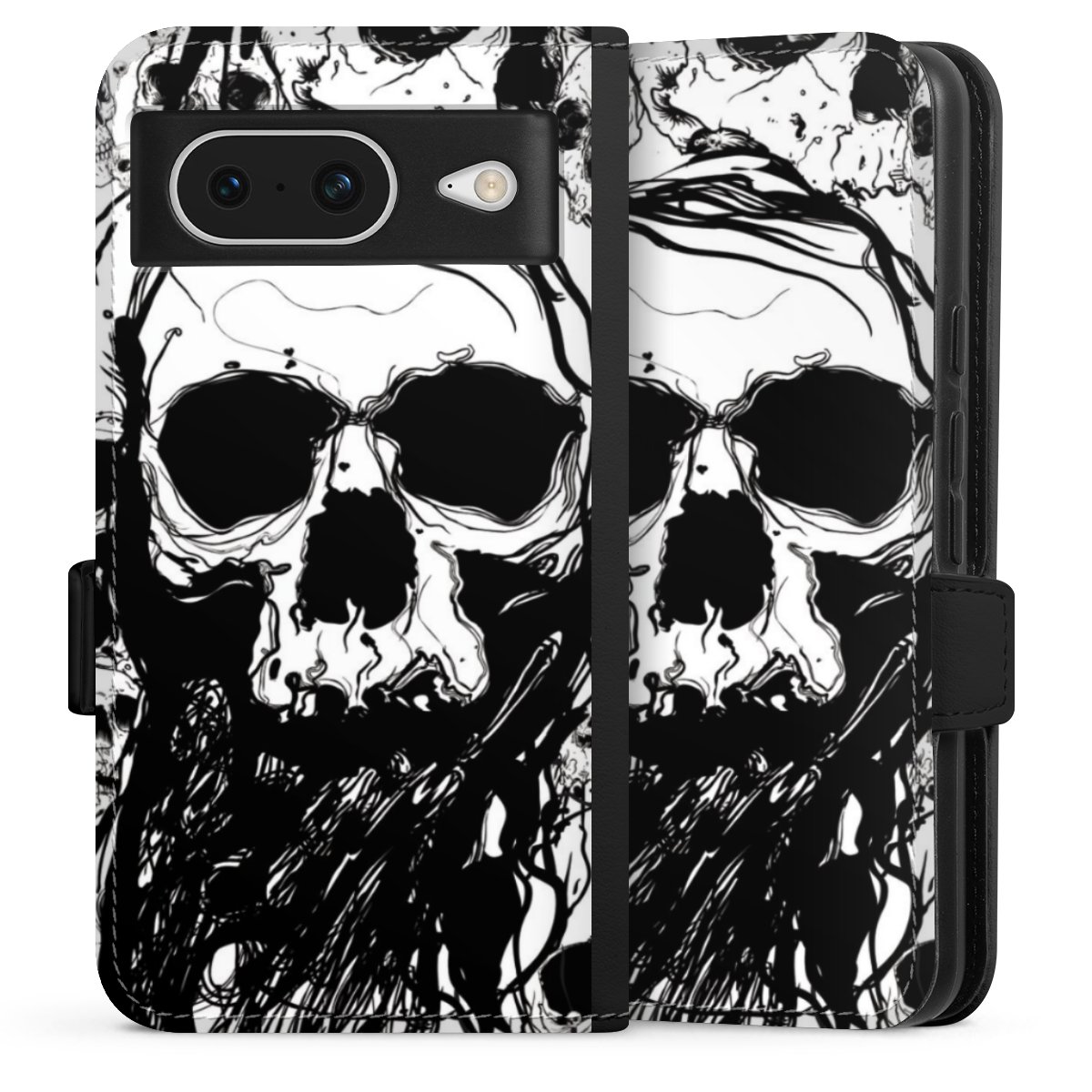 Google Pixel 8 Handy Klapphülle Handyhülle aus Kunst Leder schwarz Flip Case Totenkopf Halloween Sideflip mit Lasche