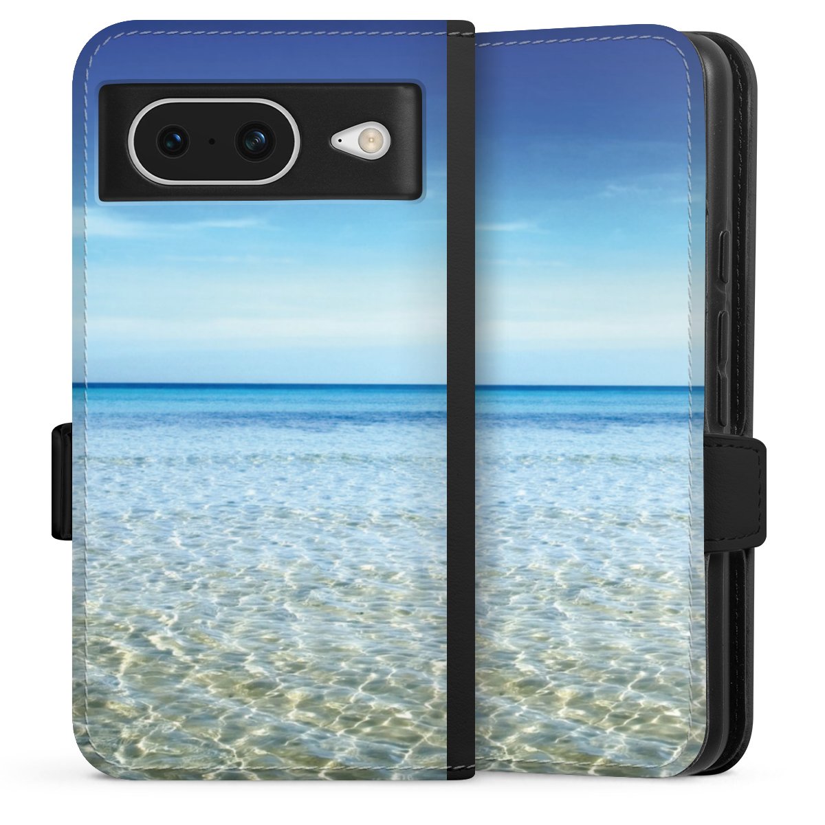 Google Pixel 8 Handy Klapphülle Handyhülle aus Kunst Leder schwarz Flip Case Urlaub Sky Ocean Sideflip mit Lasche