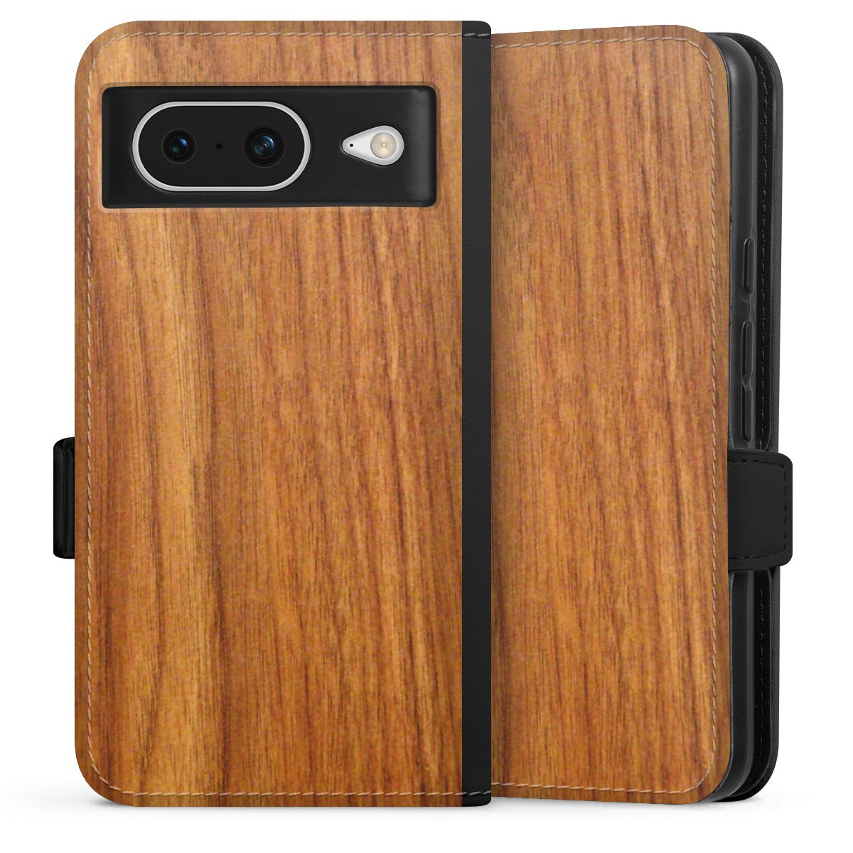 Google Pixel 8 Handy Klapphülle Handyhülle aus Kunst Leder schwarz Flip Case Wood Larch Wooden Look Sideflip mit Lasche