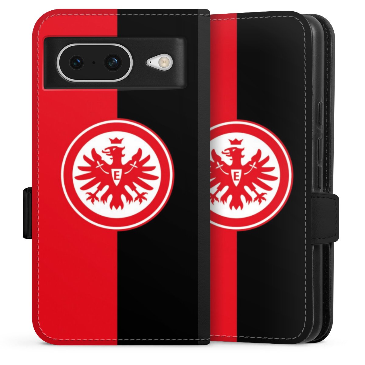 Google Pixel 8 Handy Klapphülle Handyhülle aus Kunst Leder schwarz Flip Case Official Licensed Product Eintracht Frankfurt Sge Sideflip mit Lasche