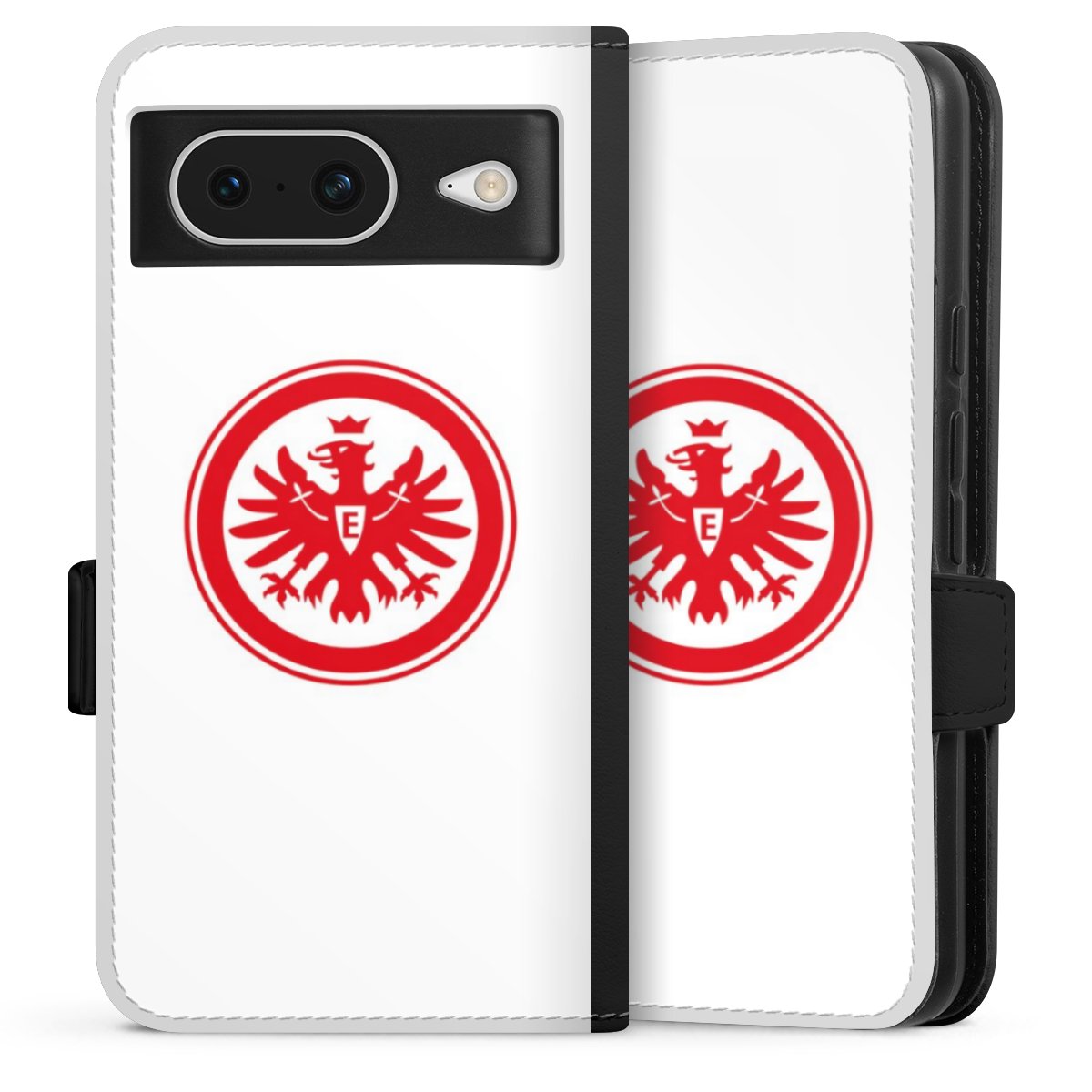 Google Pixel 8 Handy Klapphülle Handyhülle aus Kunst Leder schwarz Flip Case Sge Eintracht Frankfurt Official Licensed Product Sideflip mit Lasche