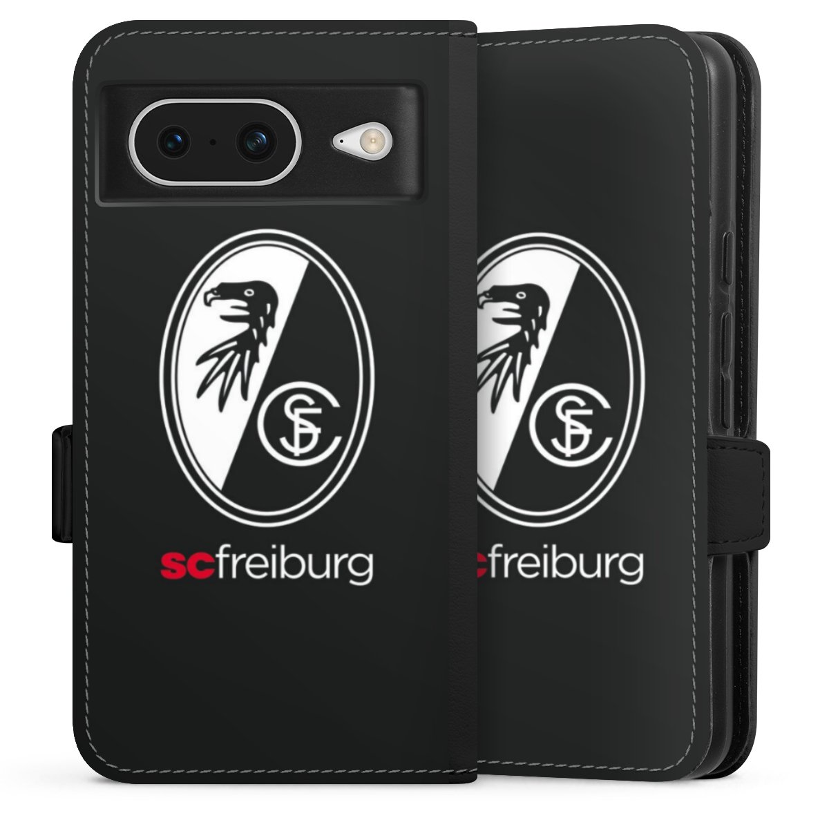 Google Pixel 8 Handy Klapphülle Handyhülle aus Kunst Leder schwarz Flip Case Official Licensed Product Sc Freiburg Coat Of Arms Sideflip mit Lasche