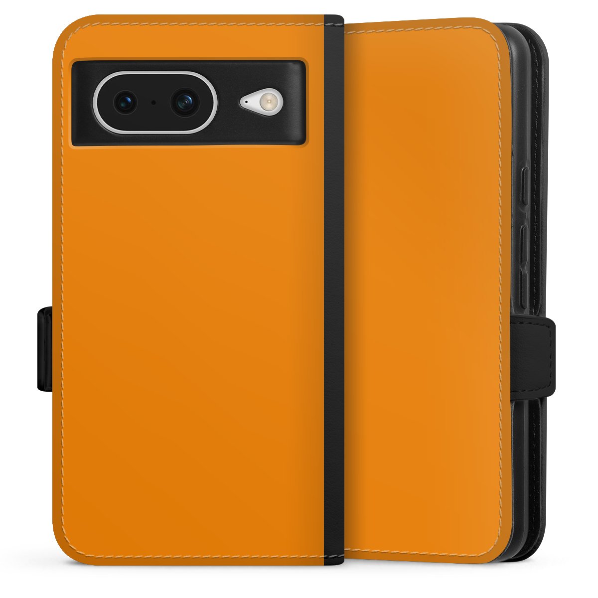 Google Pixel 8 Handy Klapphülle Handyhülle aus Kunst Leder schwarz Flip Case Unicoloured Colour Orange Sideflip mit Lasche