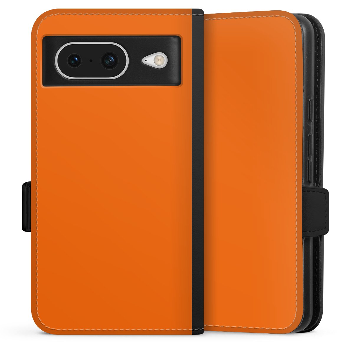 Google Pixel 8 Handy Klapphülle Handyhülle aus Kunst Leder schwarz Flip Case Orange Colour Unicoloured Sideflip mit Lasche