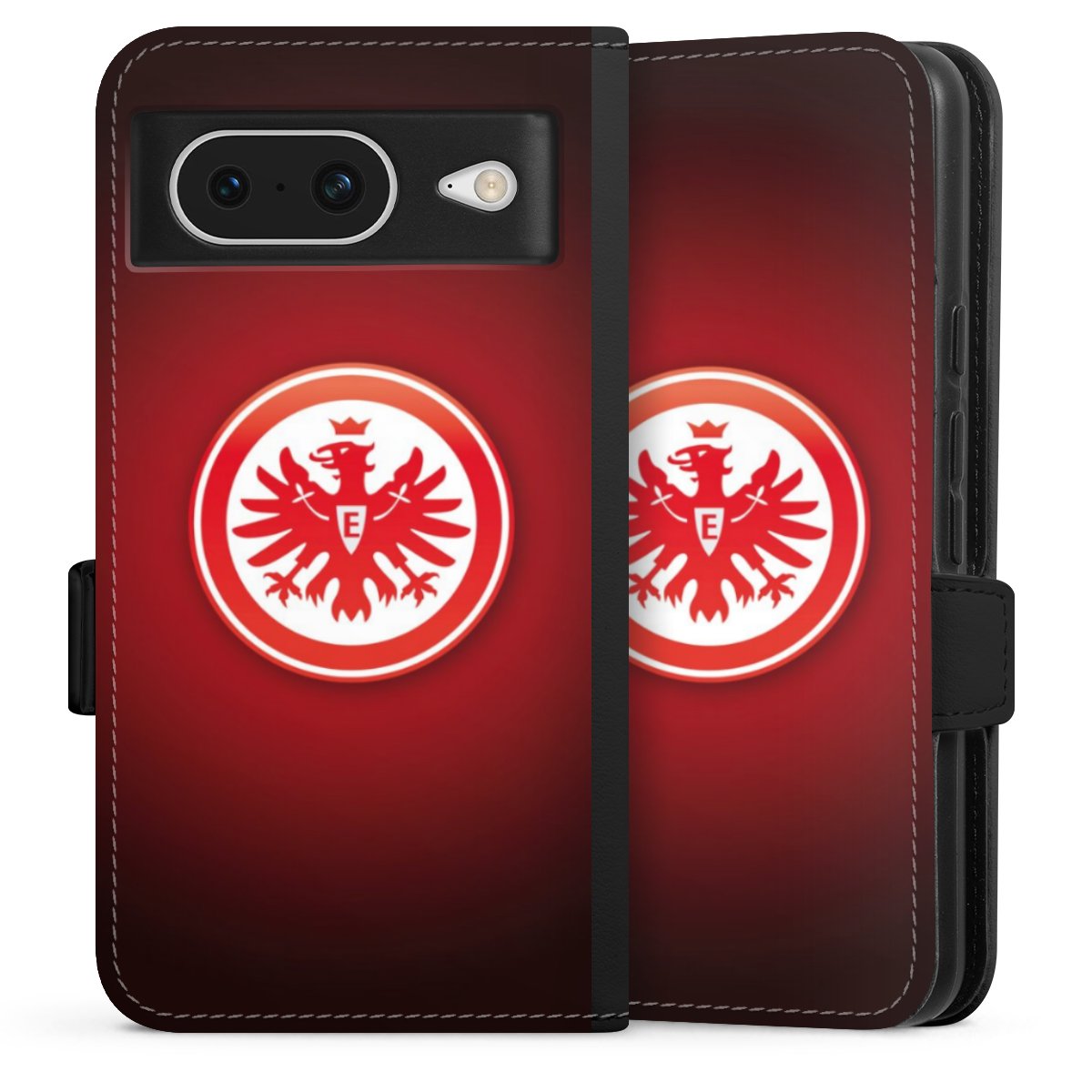 Google Pixel 8 Handy Klapphülle Handyhülle aus Kunst Leder schwarz Flip Case Eintracht Frankfurt Official Licensed Product Coat Of Arms Sideflip mit Lasche