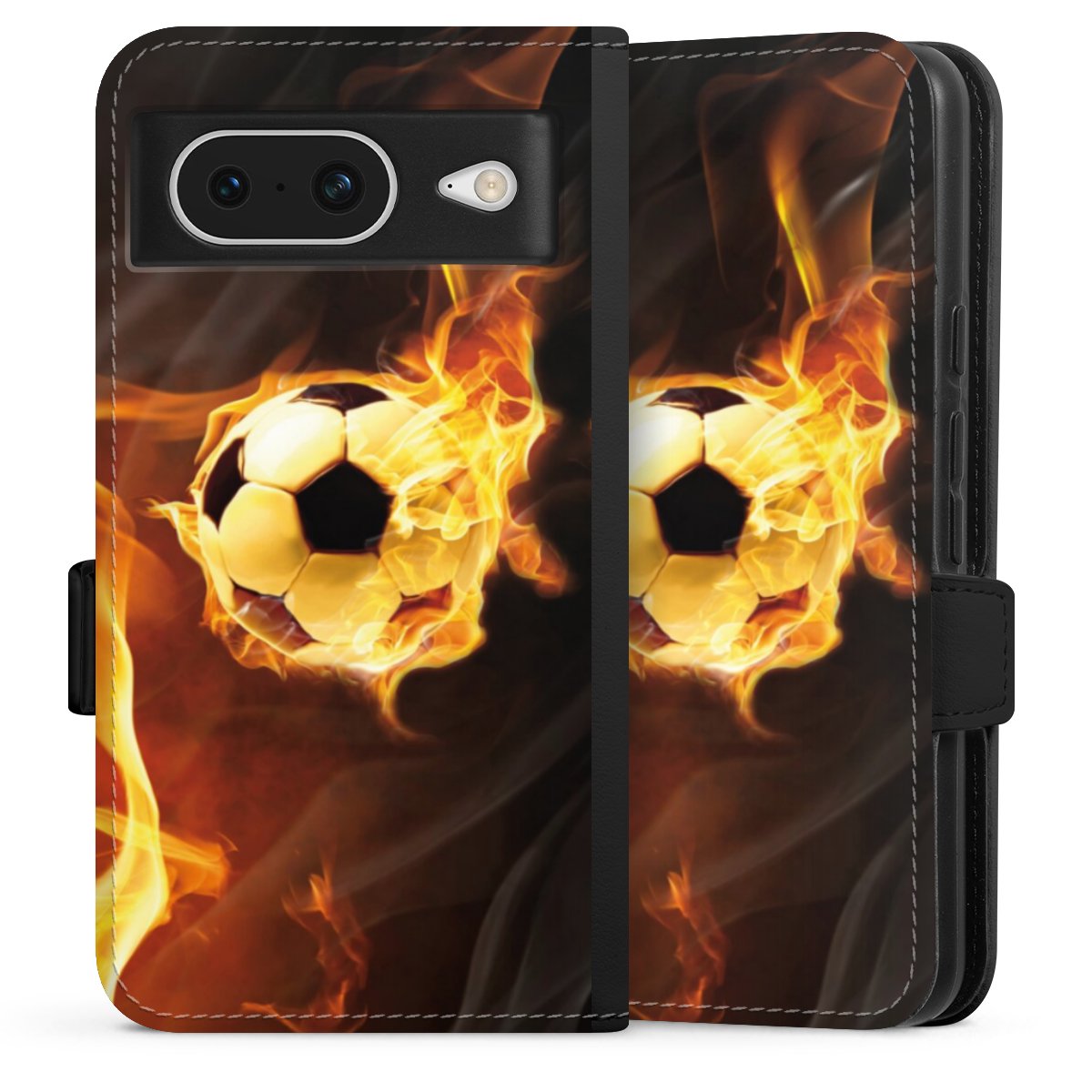 Google Pixel 8 Handy Klapphülle Handyhülle aus Kunst Leder schwarz Flip Case Ball Fire Soccer Sideflip mit Lasche