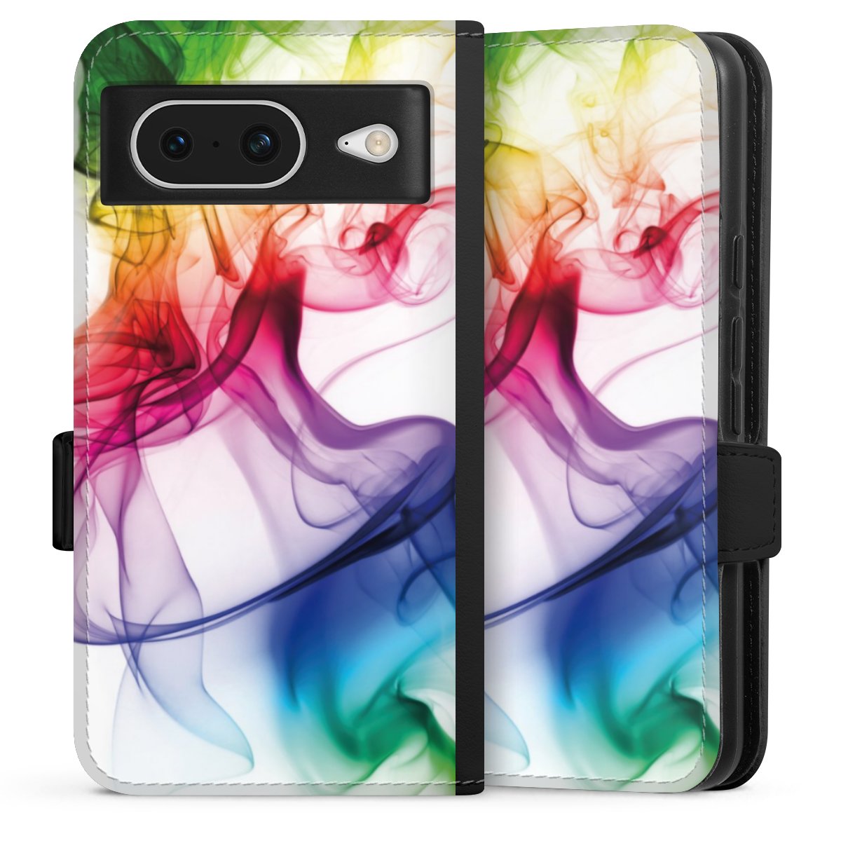 Google Pixel 8 Handy Klapphülle Handyhülle aus Kunst Leder schwarz Flip Case Water Colour Rainbow Sideflip mit Lasche