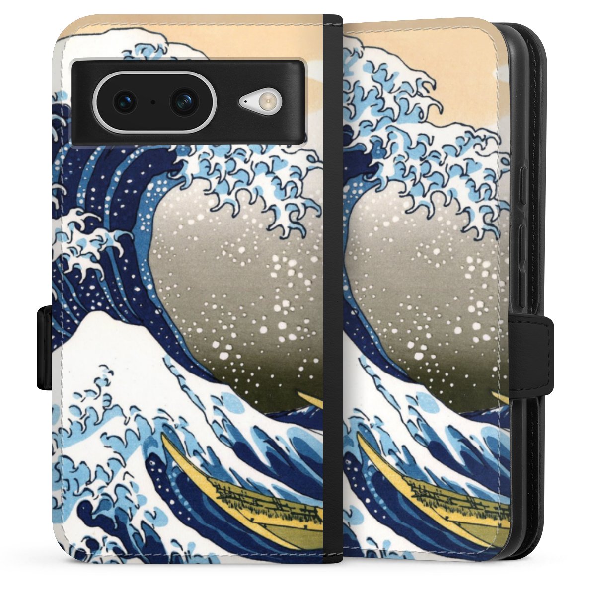 Google Pixel 8 Handy Klapphülle Handyhülle aus Kunst Leder schwarz Flip Case Kunst Katsushika Hokusai Die Große Welle Vor Kanagawa Sideflip mit Lasche