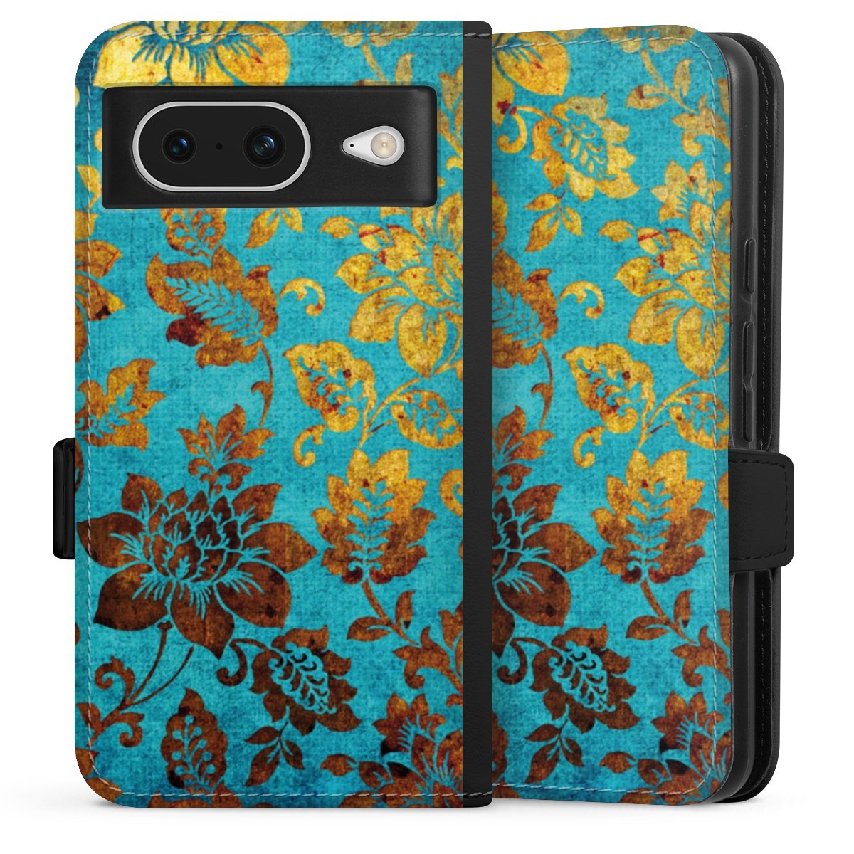 Google Pixel 8 Handy Klapphülle Handyhülle aus Kunst Leder schwarz Flip Case Ornament Vintage Flowers Sideflip mit Lasche