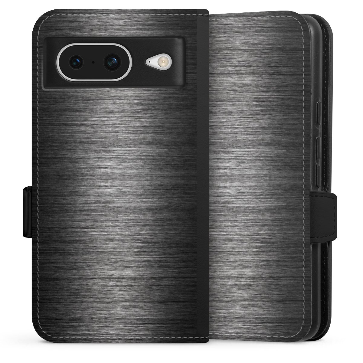 Google Pixel 8 Handy Klapphülle Handyhülle aus Kunst Leder schwarz Flip Case Metallic Look Anthracite Metal Sideflip mit Lasche