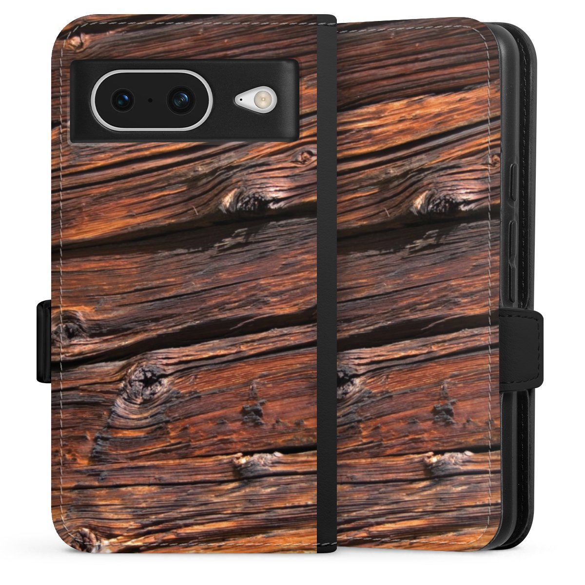 Google Pixel 8 Handy Klapphülle Handyhülle aus Kunst Leder schwarz Flip Case Beams Wooden Look Wood Sideflip mit Lasche